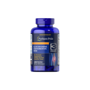 Puritan's Pride Glucosamine Chondroitin MSM (3 Per Day Formula) dietary supplement offers 120 capsules to support joint health.